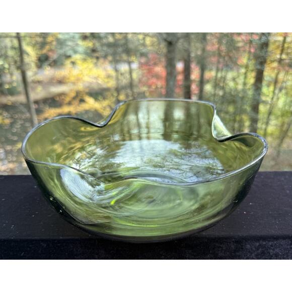 Vintage Anchor Hocking Large Serving Bowl, Accent Modern Forest Green Folded Rim - Picture 1 of 11